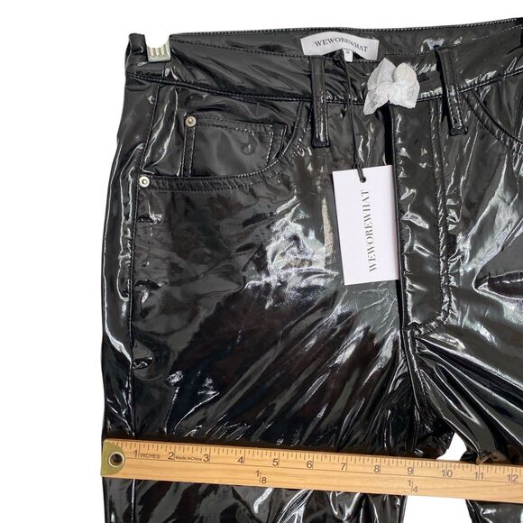 We Wore What Faux Leather Flare Pants 26 Black Shine High Rise Goth Punk Sexy - Picture 6 of 12